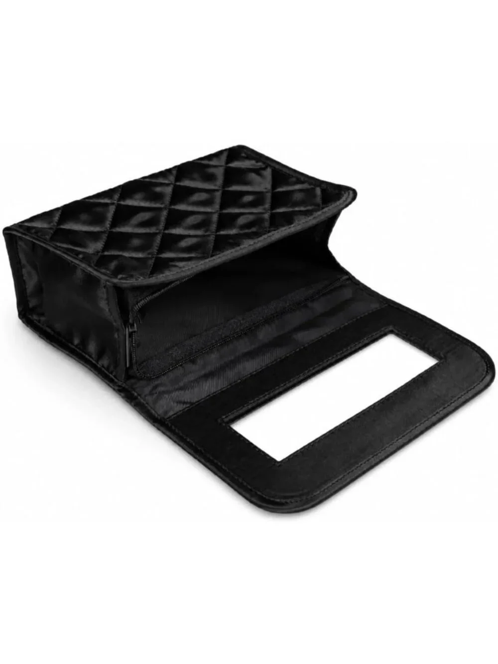 Quilted Satin Black Travel Makeup Bag with Mirror | Stylish Cosmetic Clutch